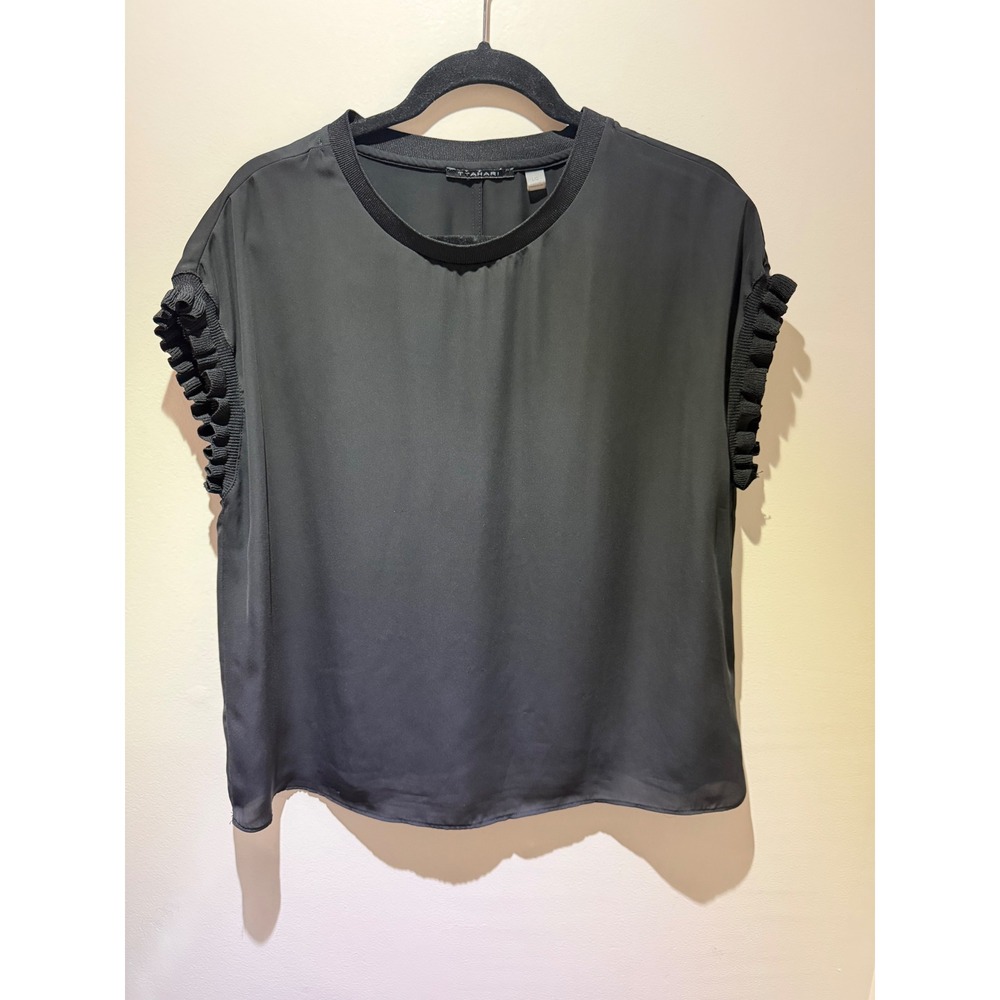 T Tahari Womens Black Ruffle Cap Sleeve Blouse Ribbed Crew Neck Top LG